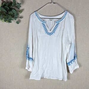 Talbots White and Blue Embroidered V Neck Top XL